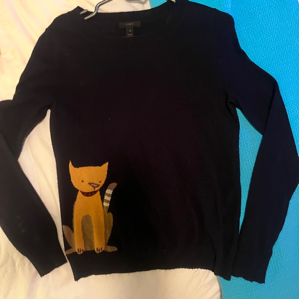 Adorable J Crew Women’s Navy Blue Sweater with Cat Design
